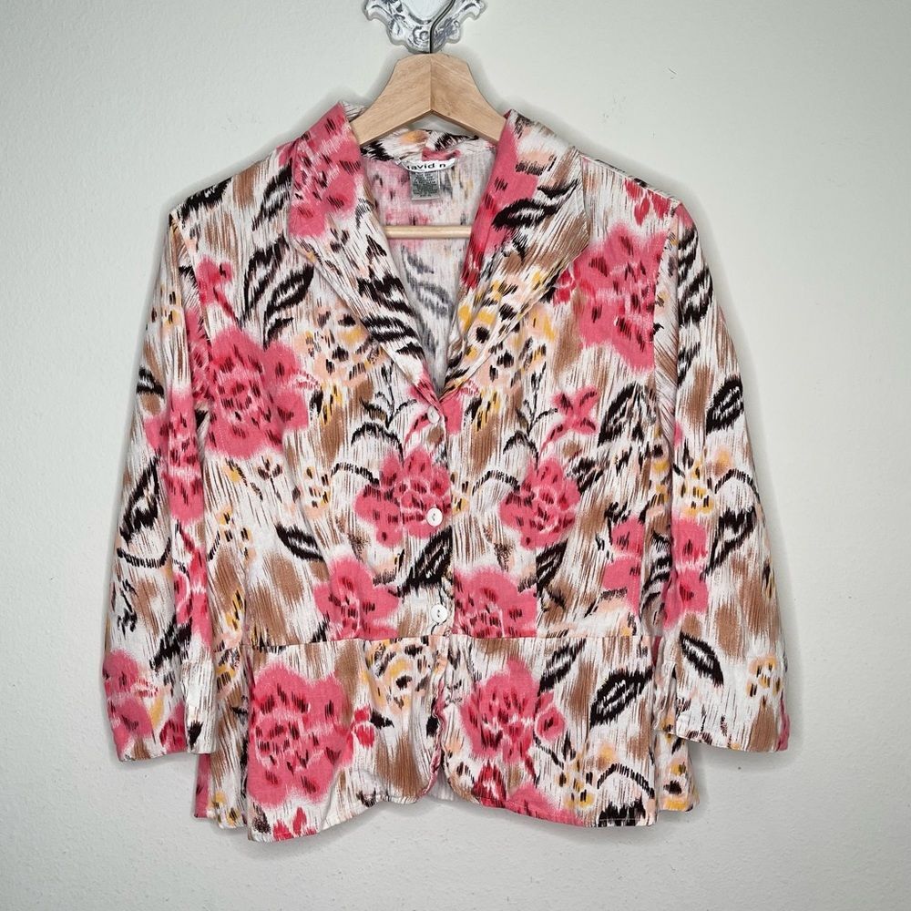 Vintage David N Floral Print Linen Blend Light Jacket Pink Brown White XL
